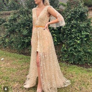 Jovani - Beige Floral Appliqué Gown with Sheer Overlay
